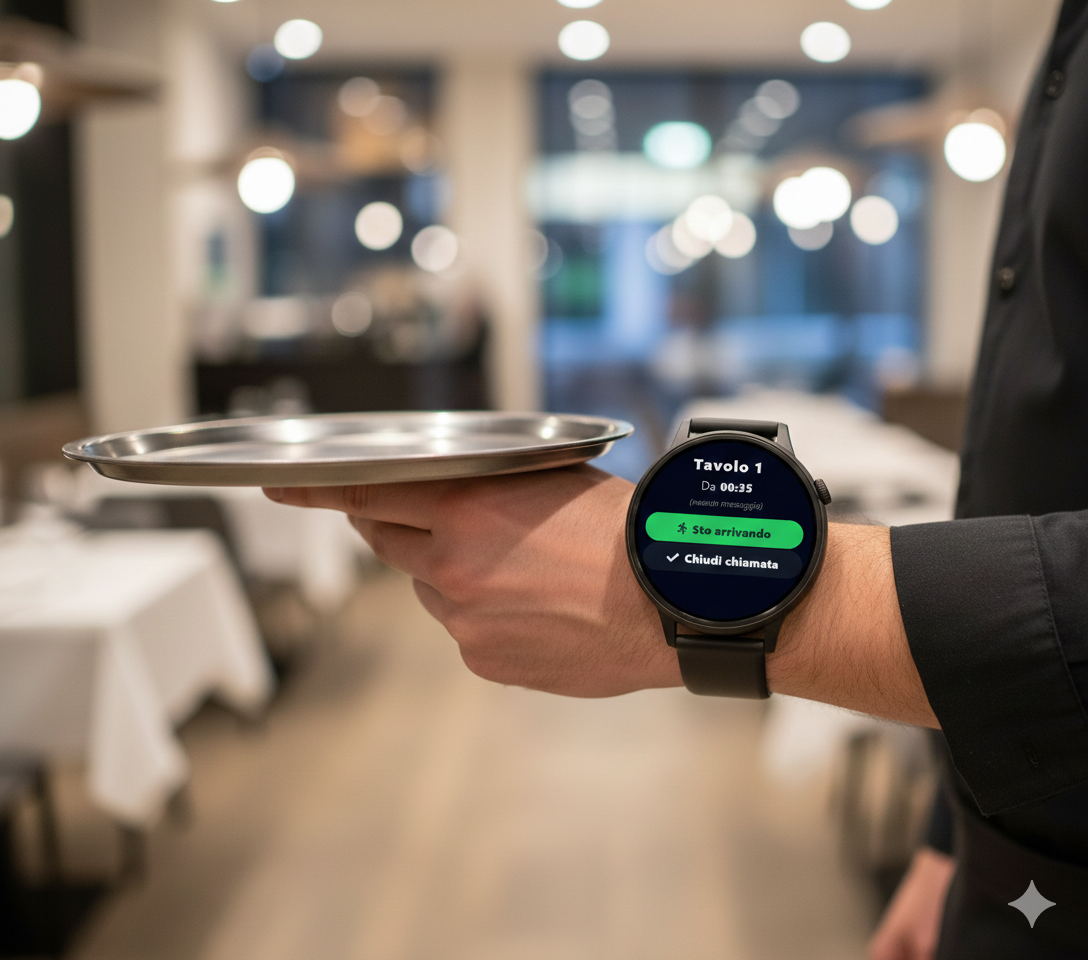 Cameriere con smartwatch in sala
